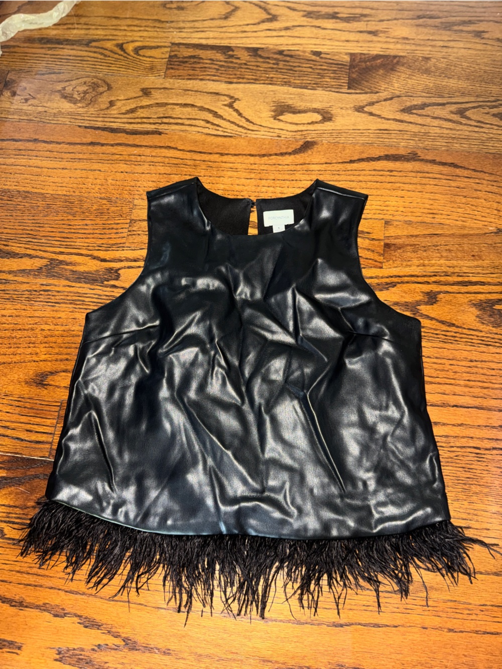 For Cynthia Black Faux Leather Feather Hem Sleeveless Top